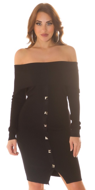 off-shoulder Knit Dress with studs Black